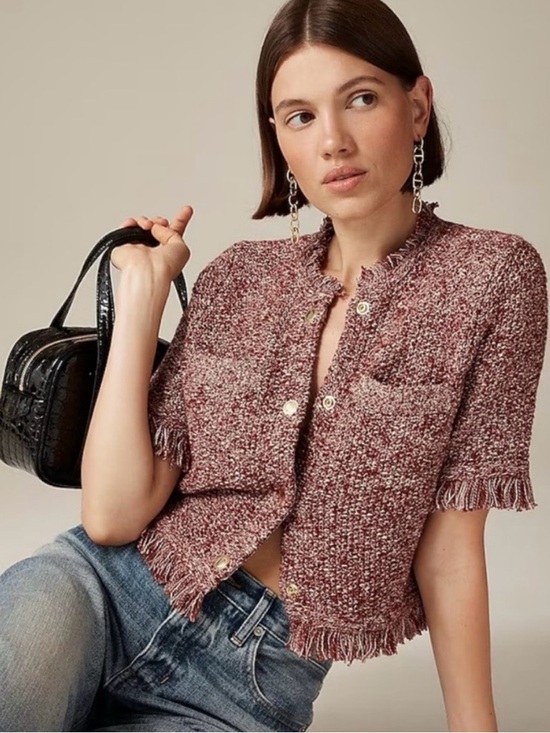 J. Crew Tops - J. Crew Cropped Fringe Trim Short Sleeve Knit‎ Lady Jacket In Marled Yarn Medium